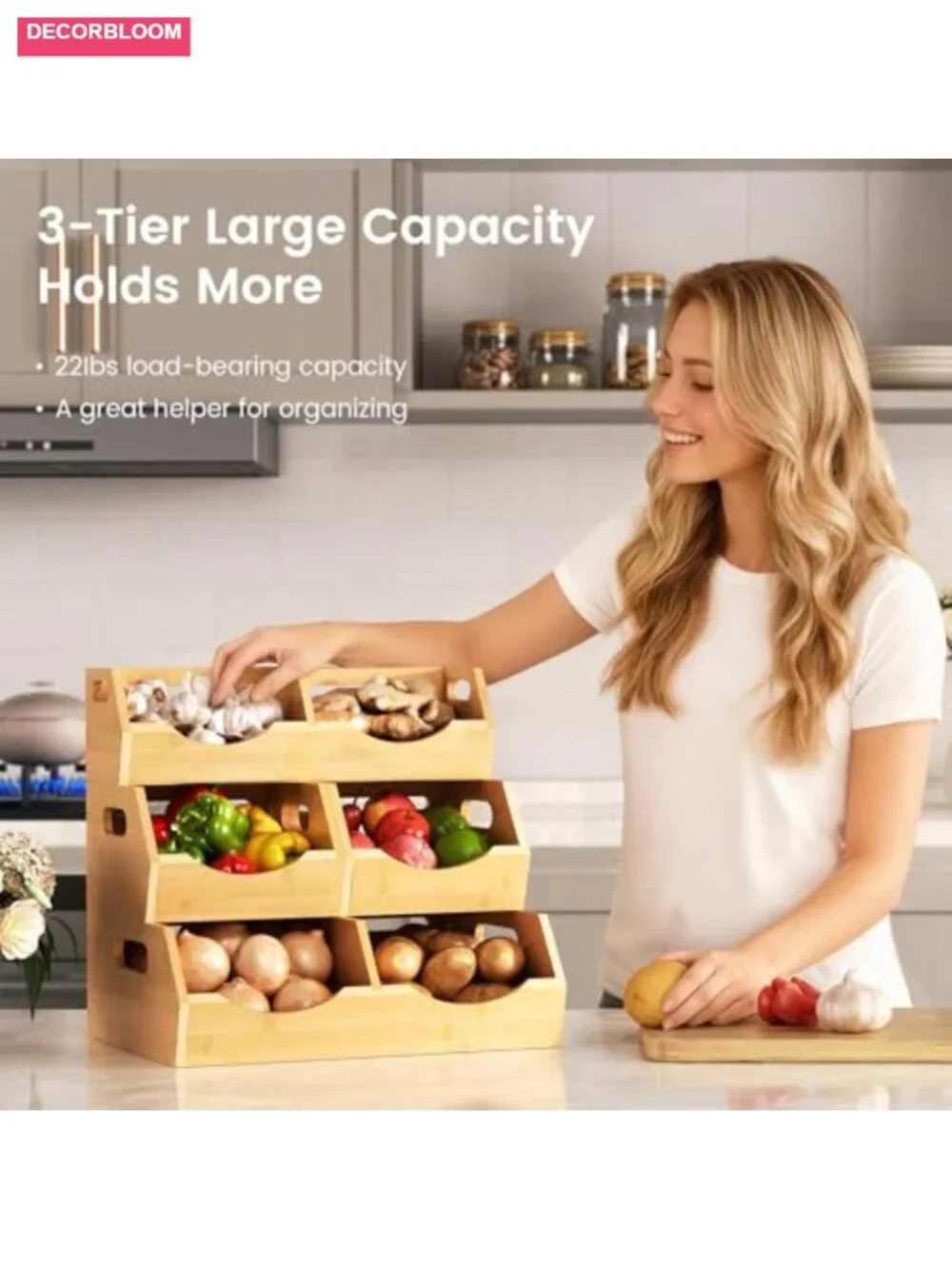 3 Tier Bamboo Stackable Onion Potato Storage Bin Pantry Organizer